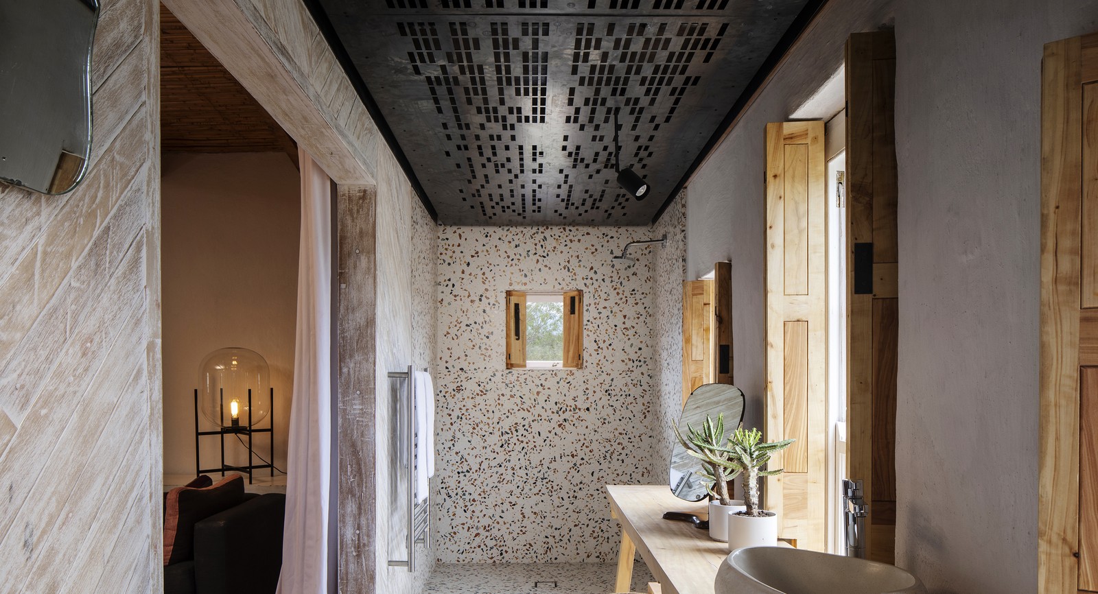 Buffelsdrift pink building — bathroom, cast terrazzo and perforated steel ceiling